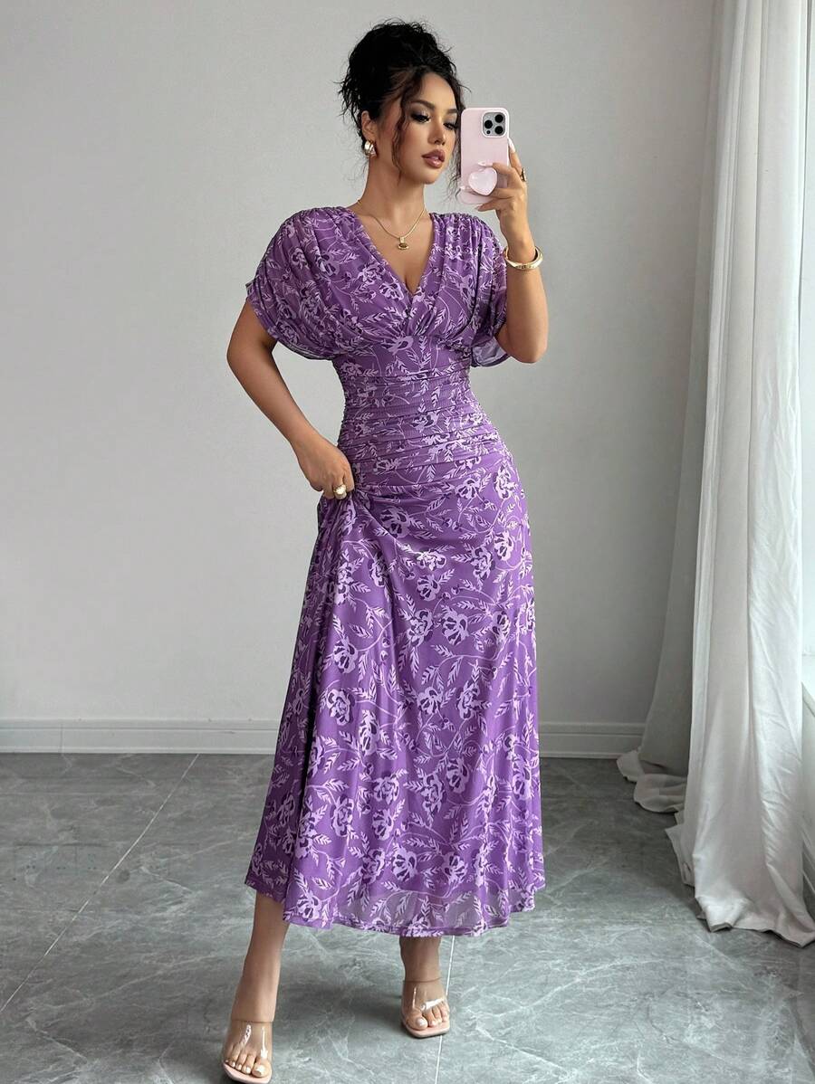 Elenzga Women's Elegant French Style Vacation Loose V-Neck Drop Shoulder Ruched A-Line Maxi Dress, Suitable For Beach, Afternoon Tea, Party