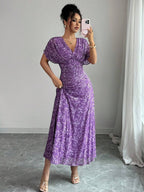Elenzga Women's Elegant French Style Vacation Loose V-Neck Drop Shoulder Ruched A-Line Maxi Dress, Suitable For Beach, Afternoon Tea, Party