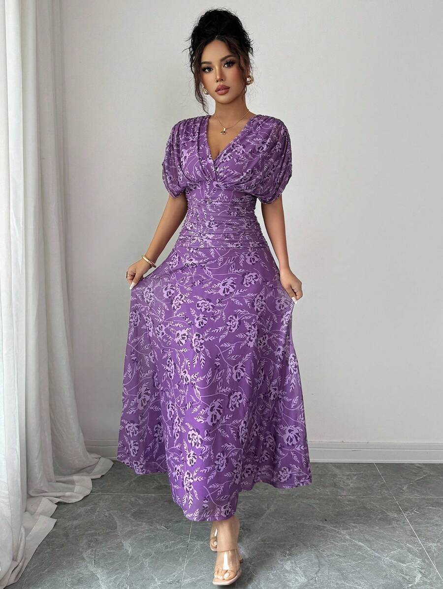 Elenzga Women's Elegant French Style Vacation Loose V-Neck Drop Shoulder Ruched A-Line Maxi Dress, Suitable For Beach, Afternoon Tea, Party