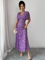 Elenzga Women's Elegant French Style Vacation Loose V-Neck Drop Shoulder Ruched A-Line Maxi Dress, Suitable For Beach, Afternoon Tea, Party