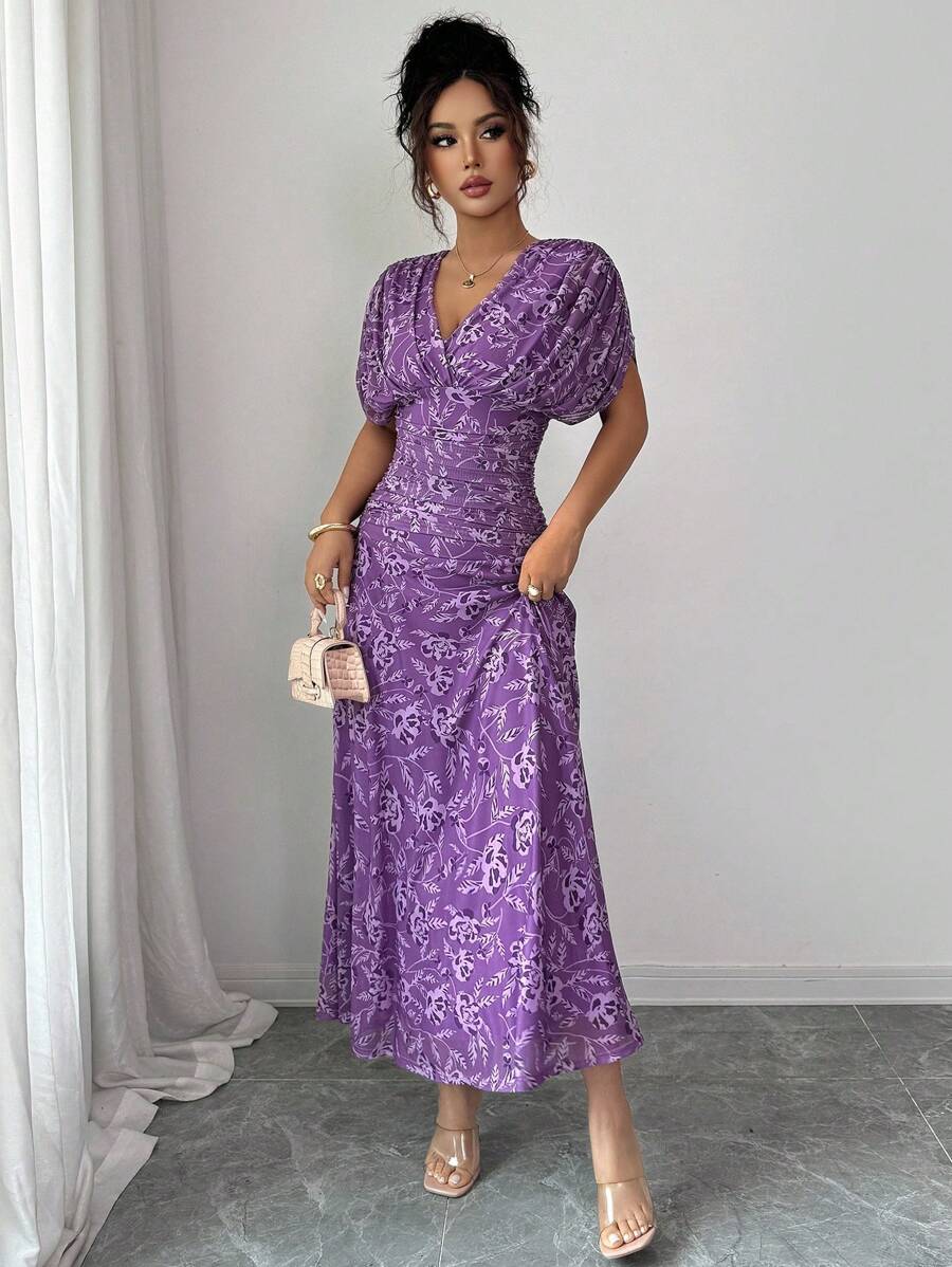Elenzga Women's Elegant French Style Vacation Loose V-Neck Drop Shoulder Ruched A-Line Maxi Dress, Suitable For Beach, Afternoon Tea, Party
