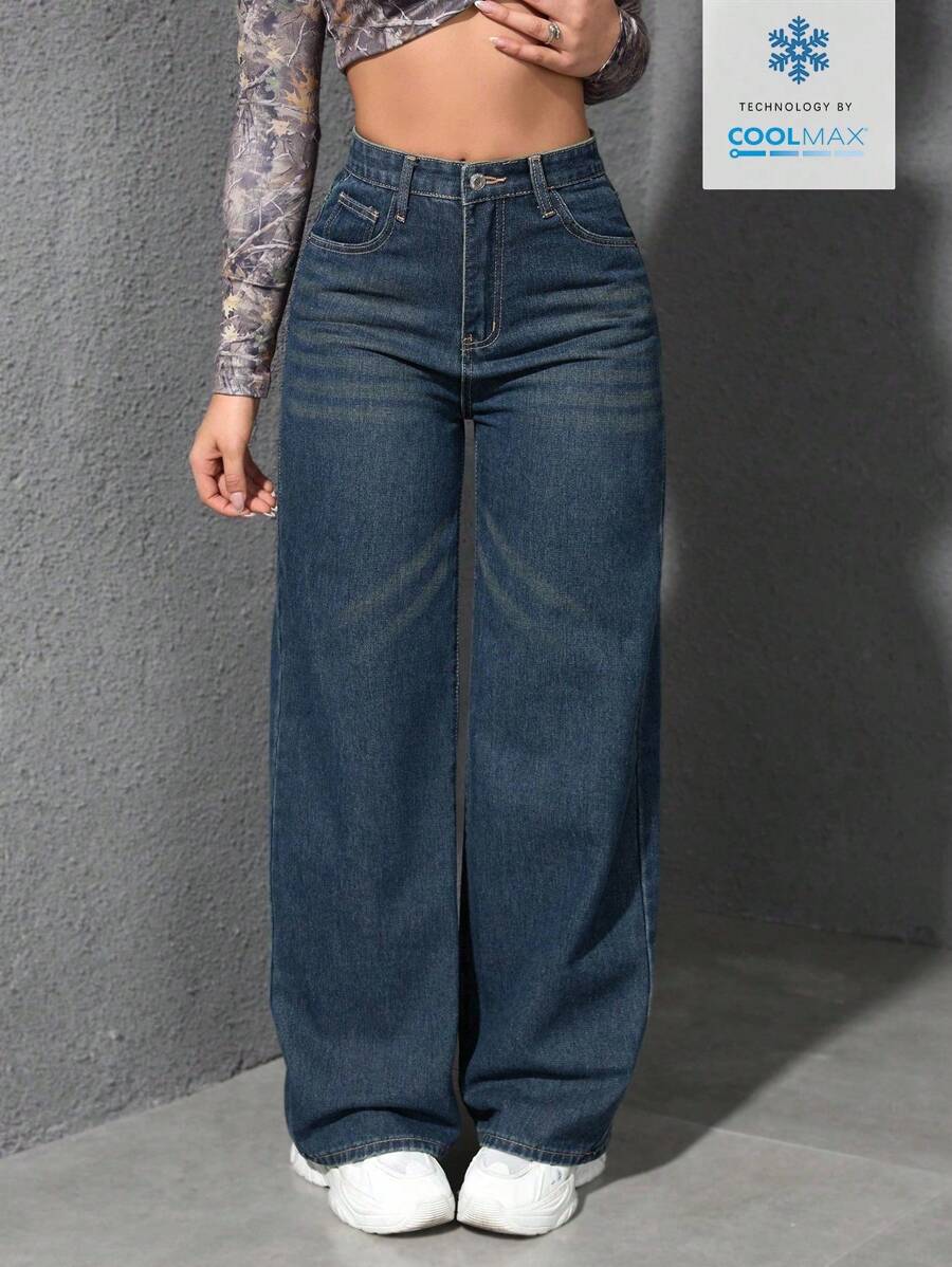SHEIN ICON Casual Relaxed-Fit High-Waist Straight Leg Denim Jeans