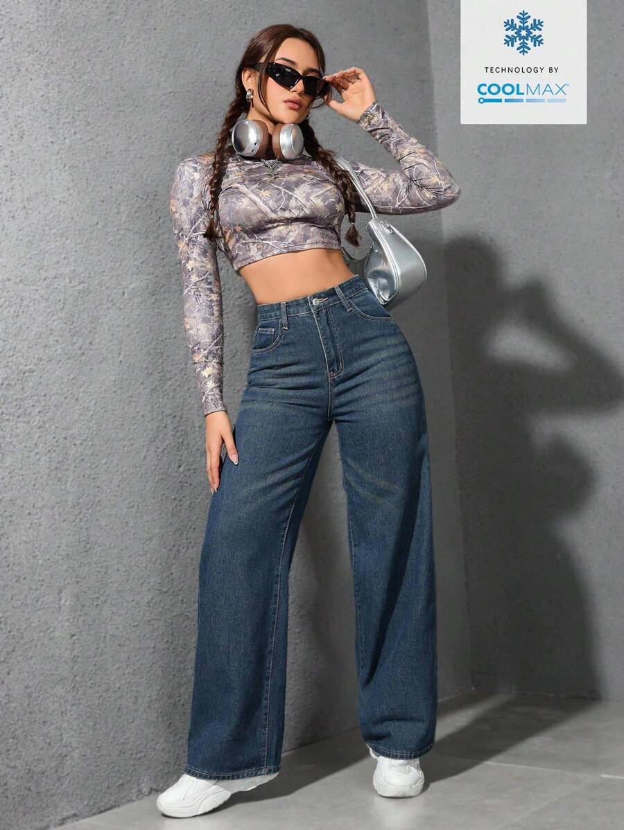 SHEIN ICON Casual Relaxed-Fit High-Waist Straight Leg Denim Jeans