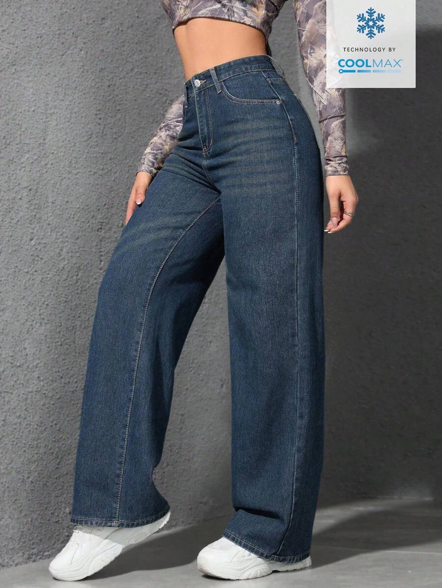 SHEIN ICON Casual Relaxed-Fit High-Waist Straight Leg Denim Jeans