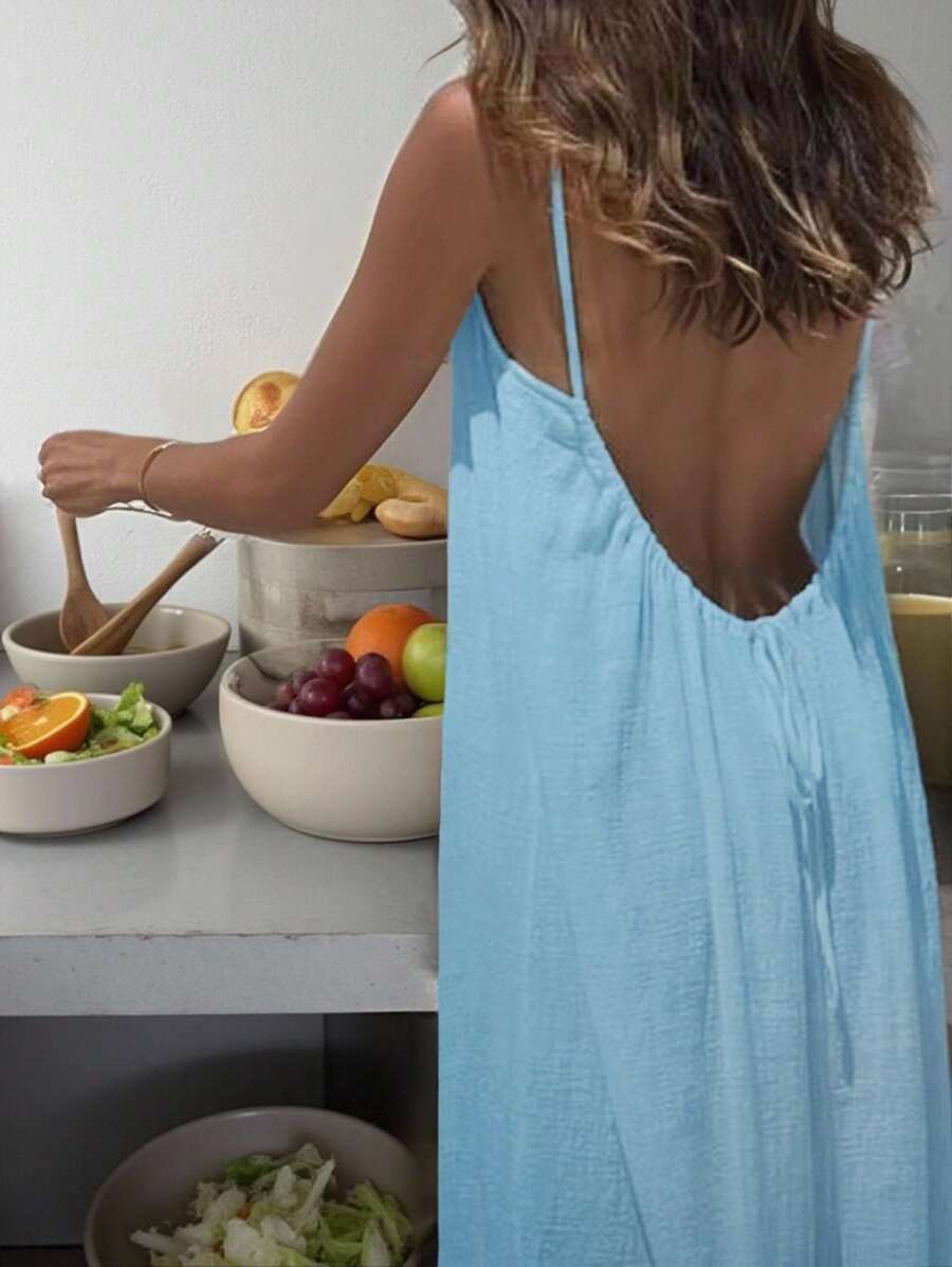 Cévolie Women's Solid Color Open Back Tie Loose Casual Maxi Slip Dress