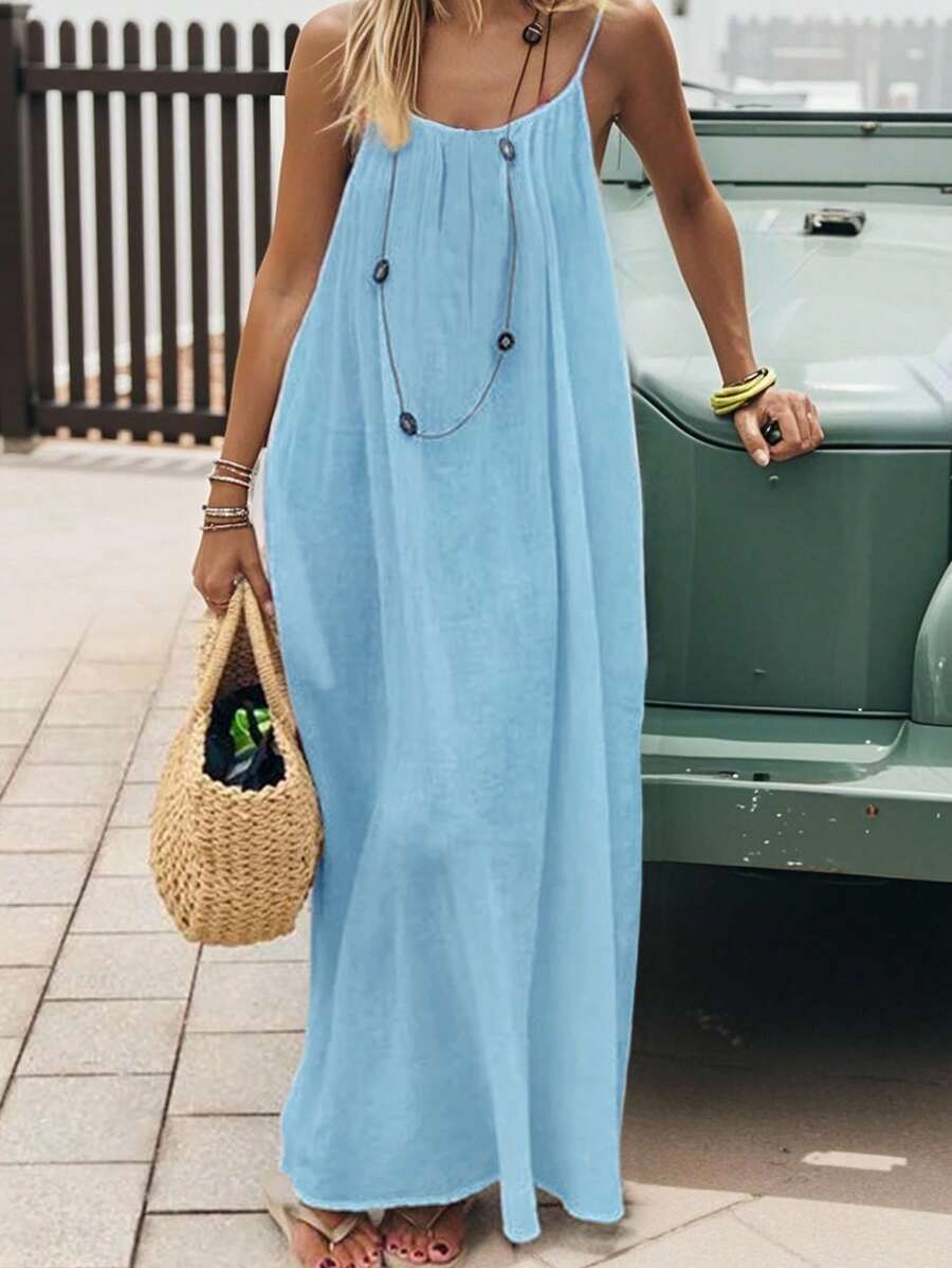 Cévolie Women's Solid Color Open Back Tie Loose Casual Maxi Slip Dress