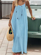 Cévolie Women's Solid Color Open Back Tie Loose Casual Maxi Slip Dress