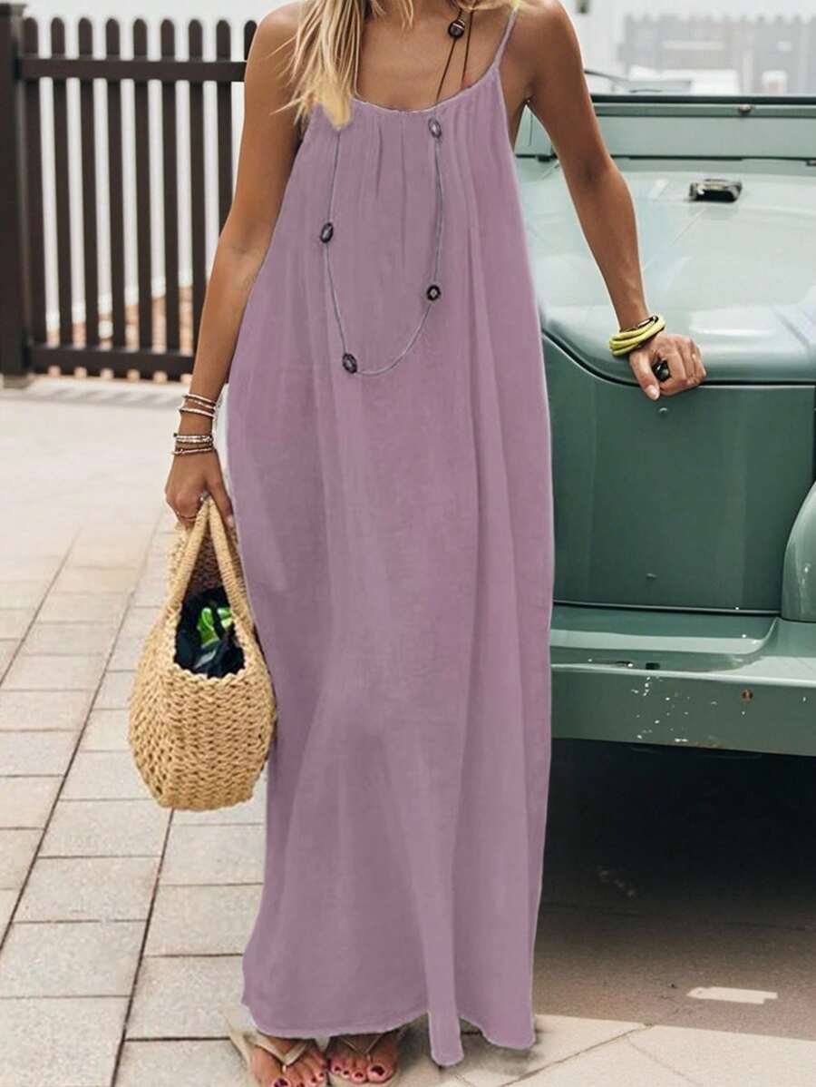 Cévolie Women's Solid Color Open Back Tie Loose Casual Maxi Slip Dress