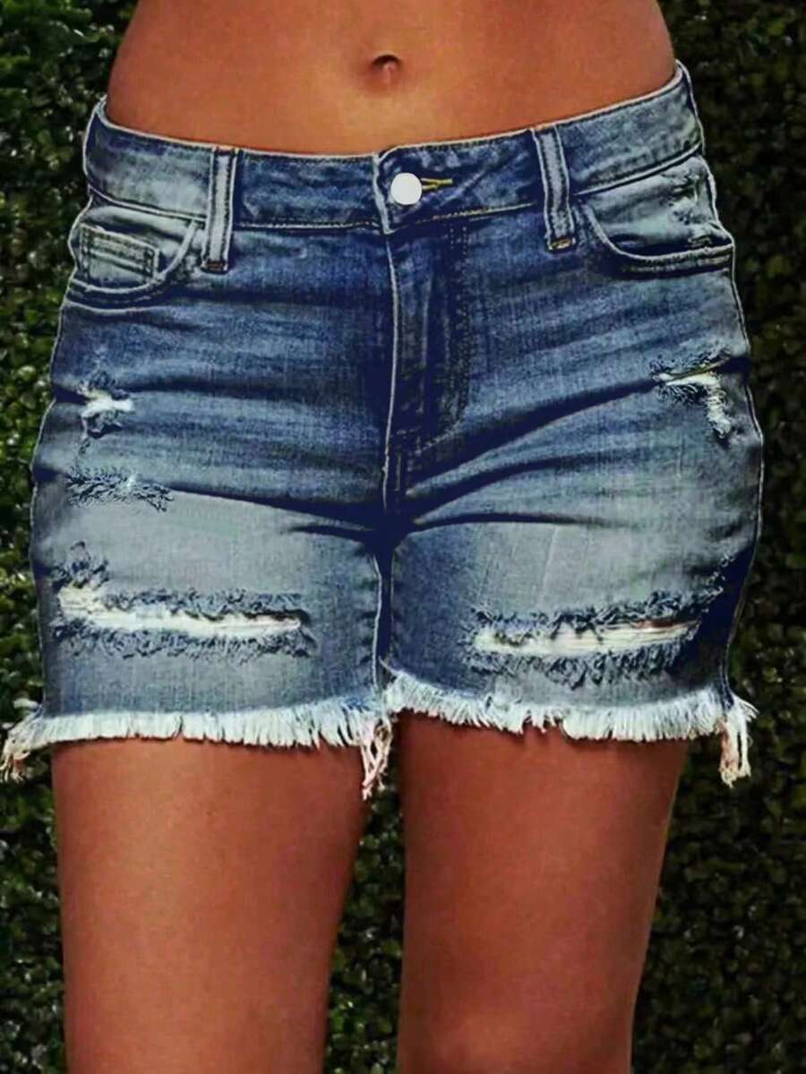 Women's Summer Fashionable Cutting-Edge Distressed Frayed Edge Stretch Denim Shorts