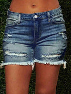 Women's Summer Fashionable Cutting-Edge Distressed Frayed Edge Stretch Denim Shorts