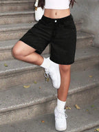 Women's Plain Color Bermuda Denim Shorts, Simple & Fashionable, Suitable For Summer