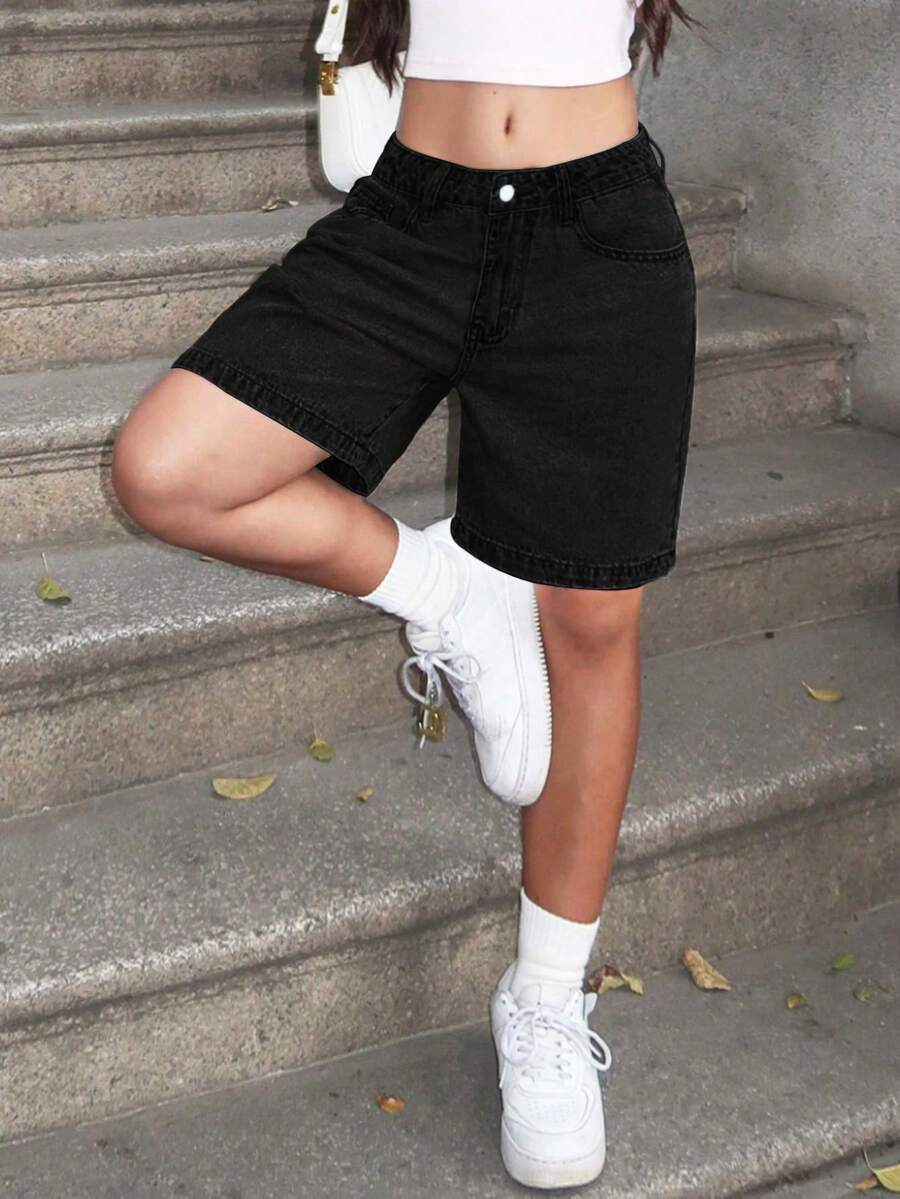 Women's Plain Color Bermuda Denim Shorts, Simple & Fashionable, Suitable For Summer