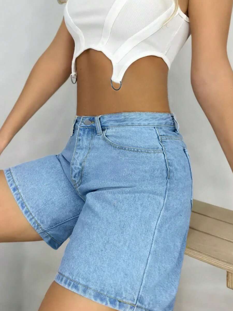 Women's Plain Color Bermuda Denim Shorts, Simple & Fashionable, Suitable For Summer