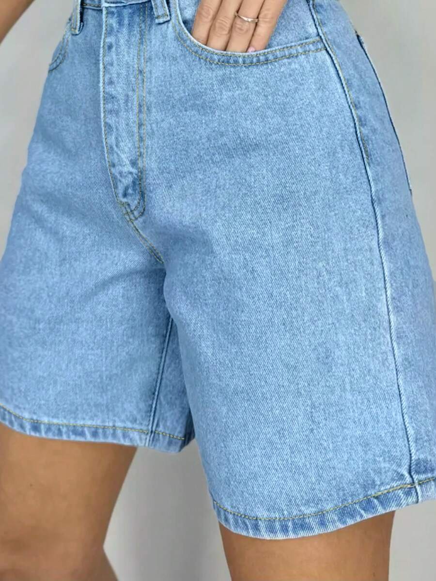 Women's Plain Color Bermuda Denim Shorts, Simple & Fashionable, Suitable For Summer