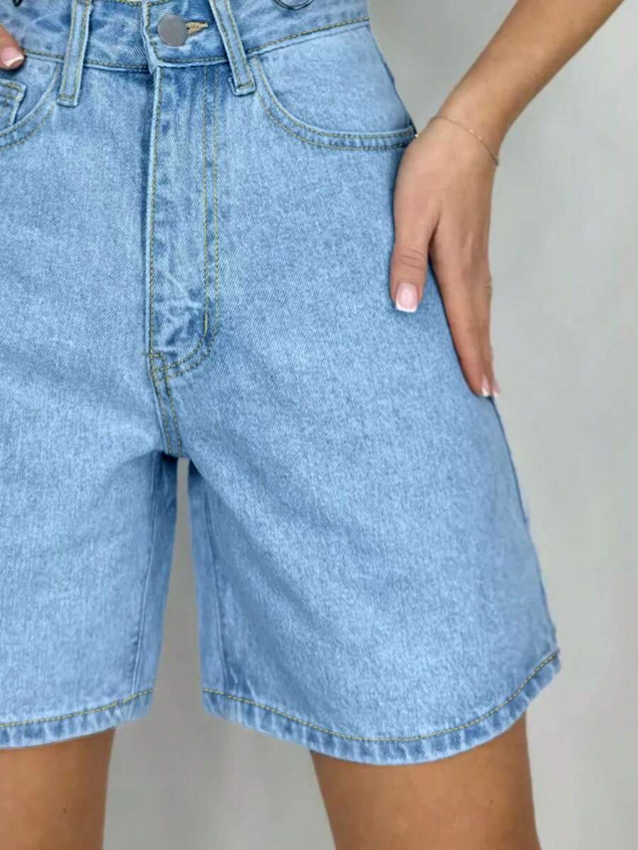 Women's Plain Color Bermuda Denim Shorts, Simple & Fashionable, Suitable For Summer