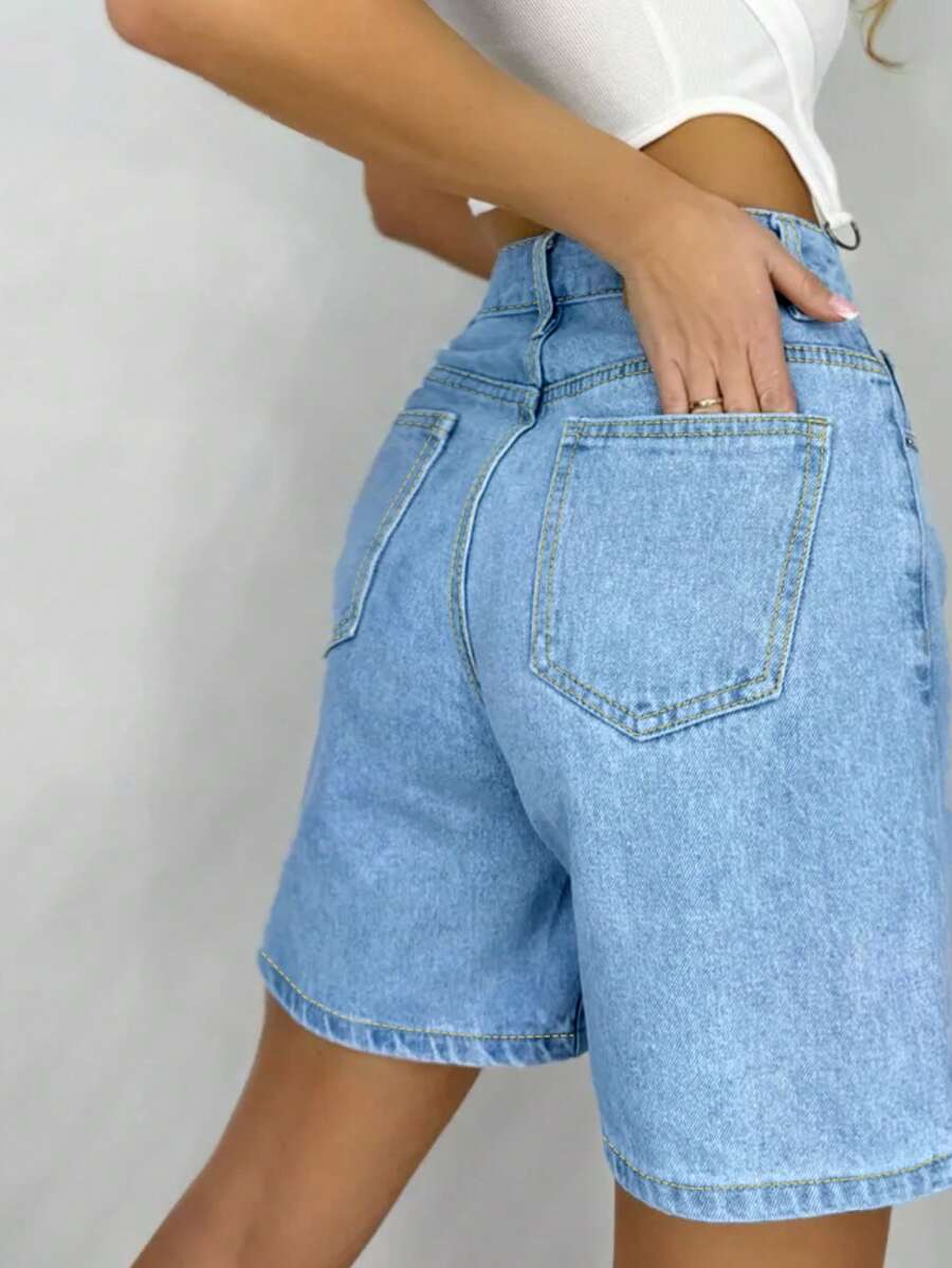 Women's Plain Color Bermuda Denim Shorts, Simple & Fashionable, Suitable For Summer