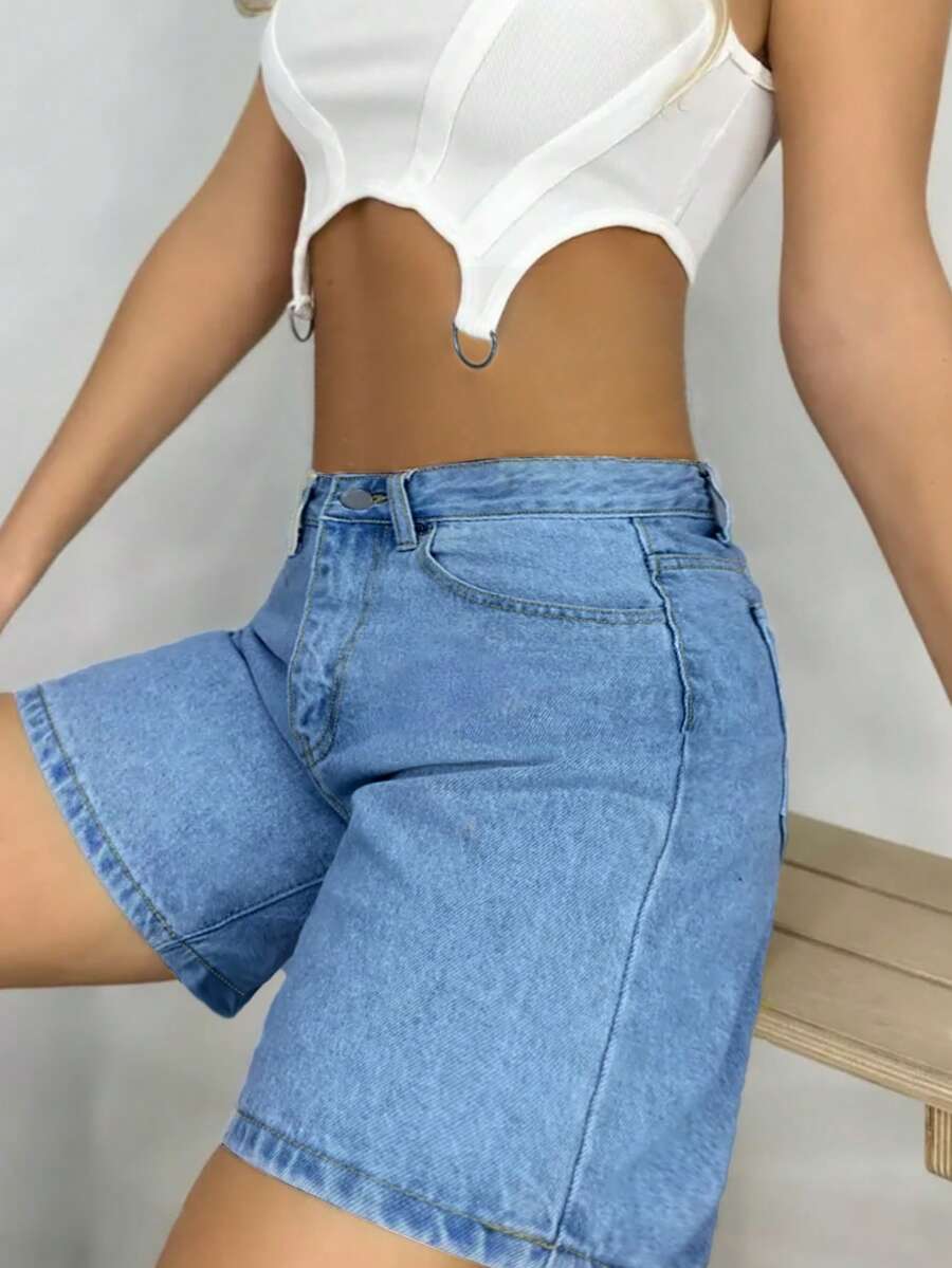 Women's Plain Color Bermuda Denim Shorts, Simple & Fashionable, Suitable For Summer