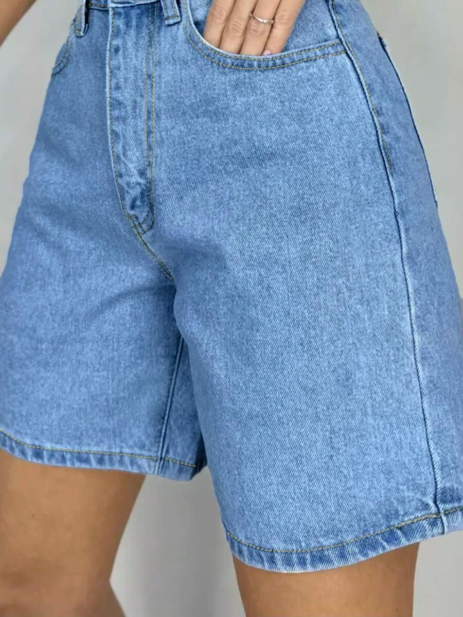 Women's Plain Color Bermuda Denim Shorts, Simple & Fashionable, Suitable For Summer
