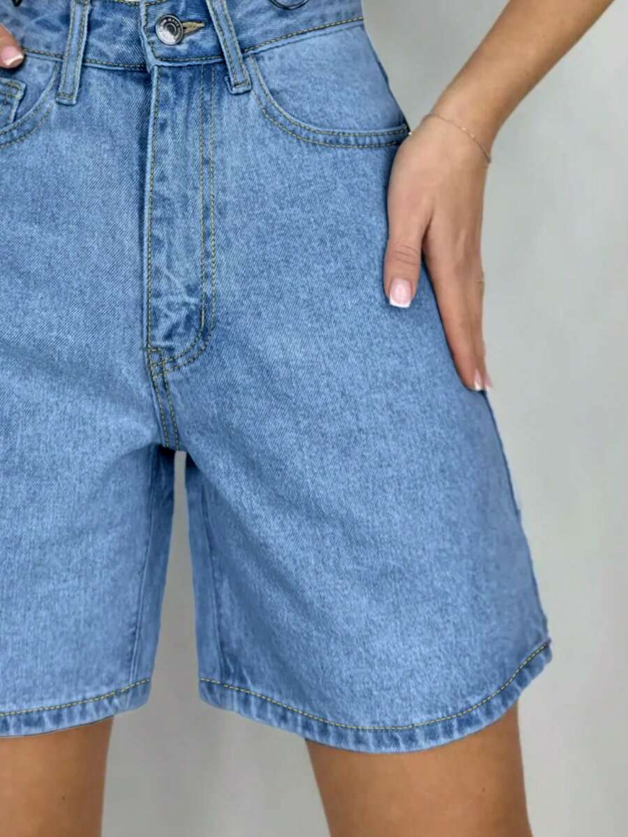 Women's Plain Color Bermuda Denim Shorts, Simple & Fashionable, Suitable For Summer