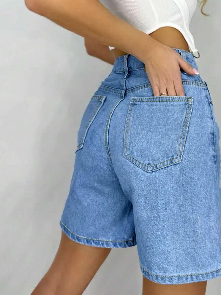 Women's Plain Color Bermuda Denim Shorts, Simple & Fashionable, Suitable For Summer