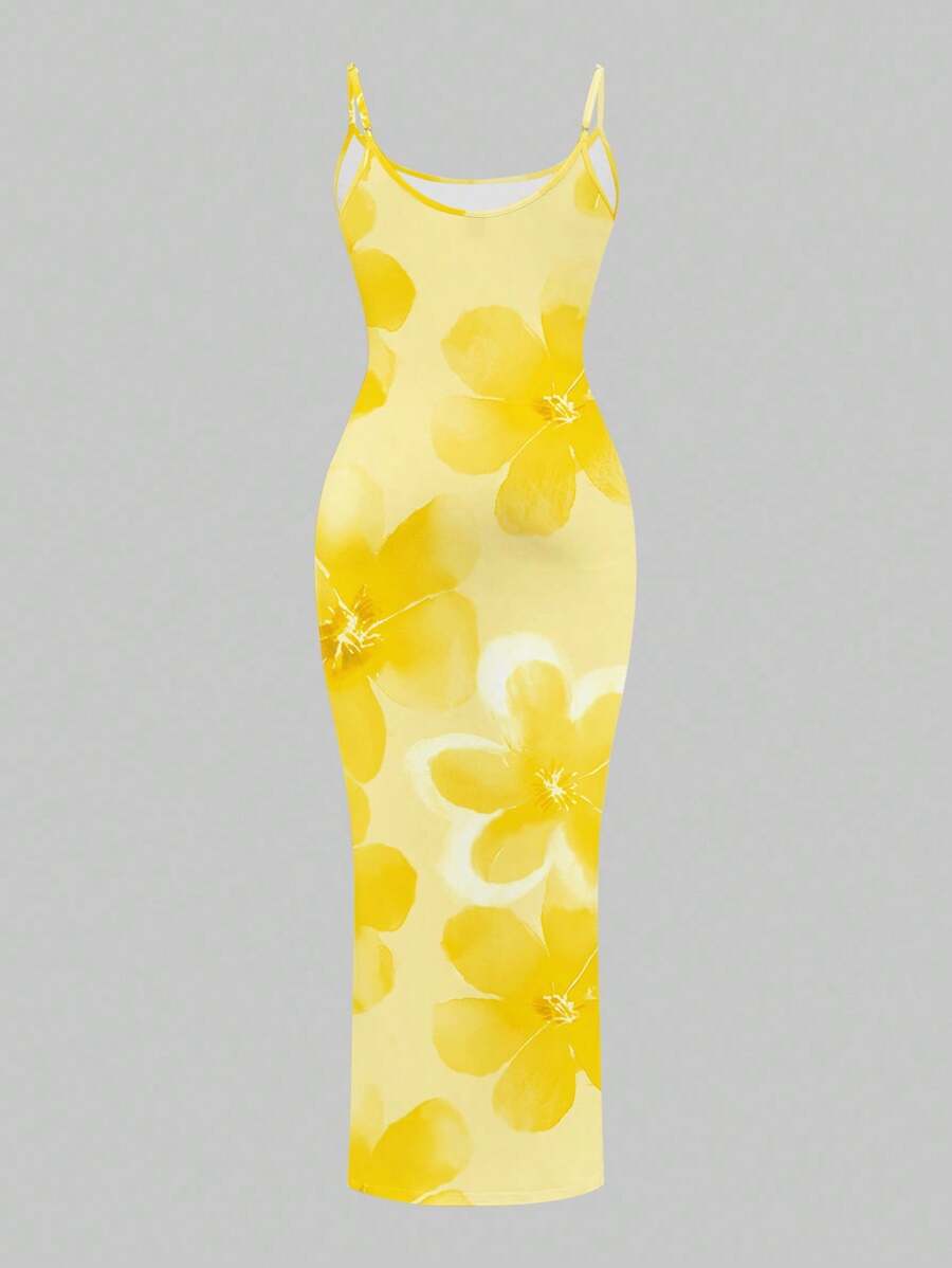 Slaydiva Casual Floral Print Camisole Bodycon Long Dress For Women, Summer Yellow Floral Bodycon Dress Yellow Summer Dress Bodycon Dress Women Yellow Dress Floral Print Bodycon Dress Suitable For Going Out Chic Dress