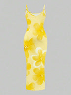 Slaydiva Casual Floral Print Camisole Bodycon Long Dress For Women, Summer Yellow Floral Bodycon Dress Yellow Summer Dress Bodycon Dress Women Yellow Dress Floral Print Bodycon Dress Suitable For Going Out Chic Dress