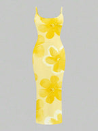 Slaydiva Casual Floral Print Camisole Bodycon Long Dress For Women, Summer Yellow Floral Bodycon Dress Yellow Summer Dress Bodycon Dress Women Yellow Dress Floral Print Bodycon Dress Suitable For Going Out Chic Dress