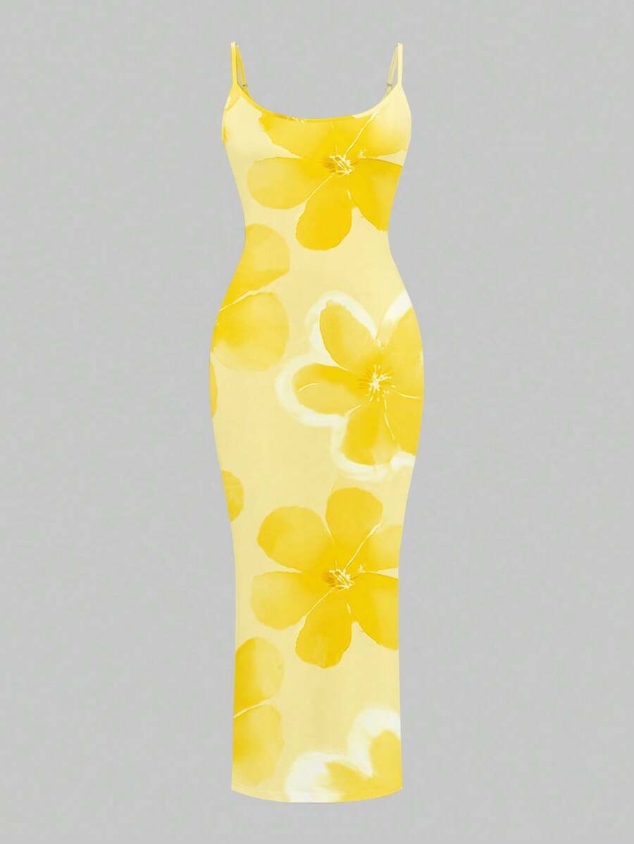 Slaydiva Casual Floral Print Camisole Bodycon Long Dress For Women, Summer Yellow Floral Bodycon Dress Yellow Summer Dress Bodycon Dress Women Yellow Dress Floral Print Bodycon Dress Suitable For Going Out Chic Dress
