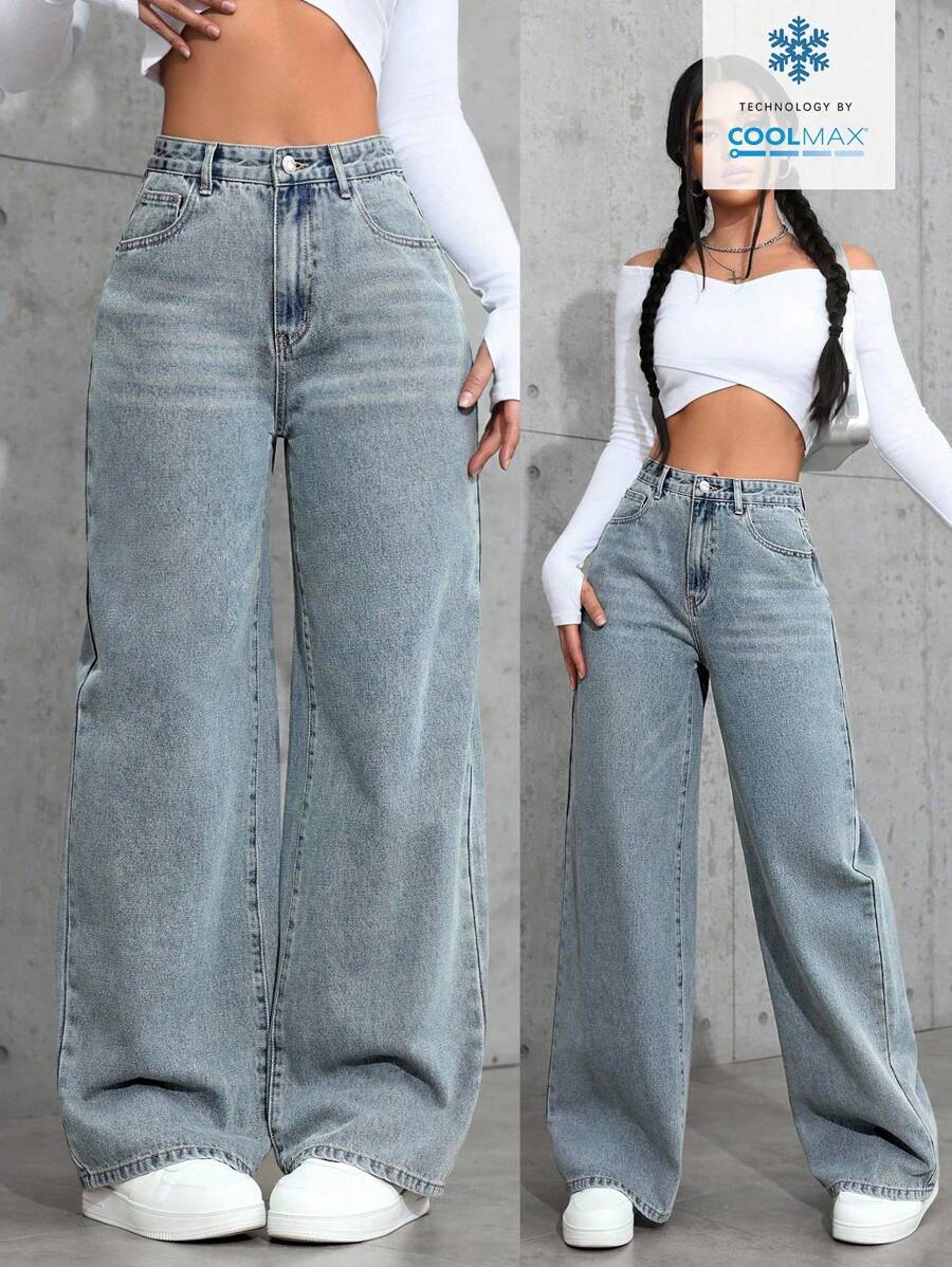 SHEIN ICON Casual Relaxed-Fit High-Waist Straight Leg Denim Jeans