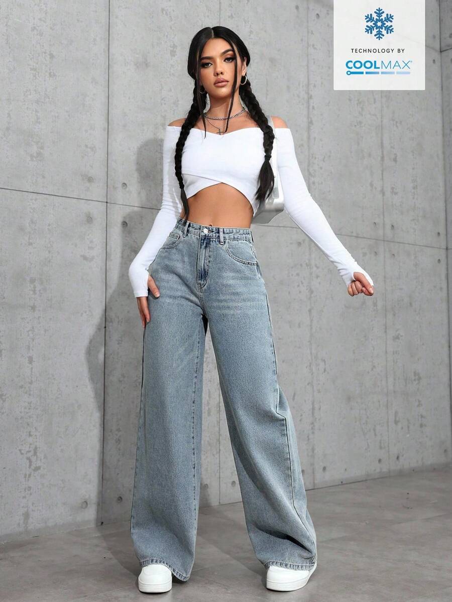 SHEIN ICON Casual Relaxed-Fit High-Waist Straight Leg Denim Jeans