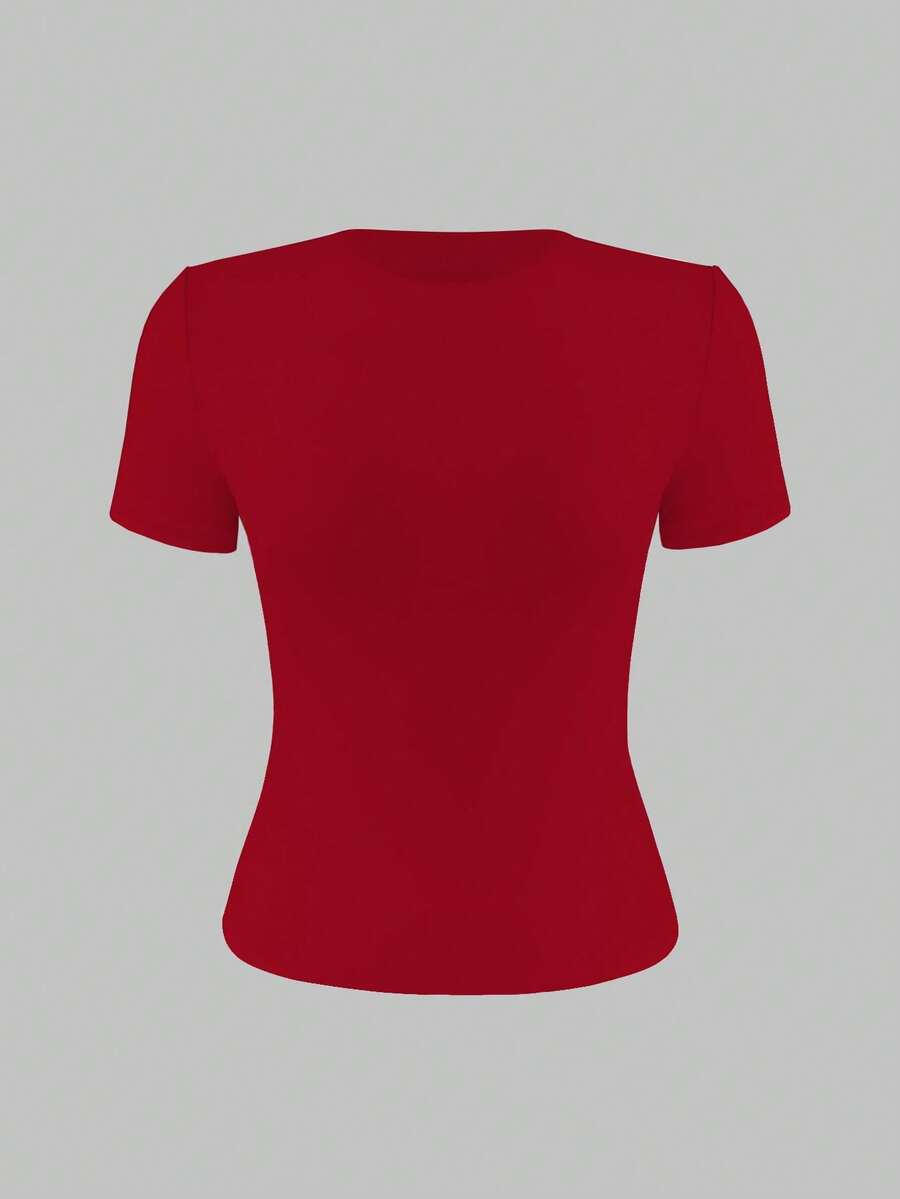 XLLAIS 2025 Model Black Short Sleeve Crew Neck Solid Color Basic Fitted Casual T-Shirt For Women, Summer