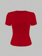 XLLAIS 2025 Model Black Short Sleeve Crew Neck Solid Color Basic Fitted Casual T-Shirt For Women, Summer