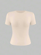 XLLAIS 2025 Model Black Short Sleeve Crew Neck Solid Color Basic Fitted Casual T-Shirt For Women, Summer