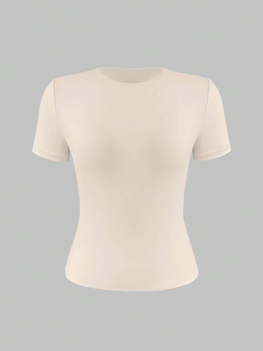 XLLAIS 2025 Model Black Short Sleeve Crew Neck Solid Color Basic Fitted Casual T-Shirt For Women, Summer
