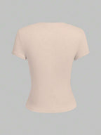 XLLAIS 2025 Model Black Short Sleeve Crew Neck Solid Color Basic Fitted Casual T-Shirt For Women, Summer