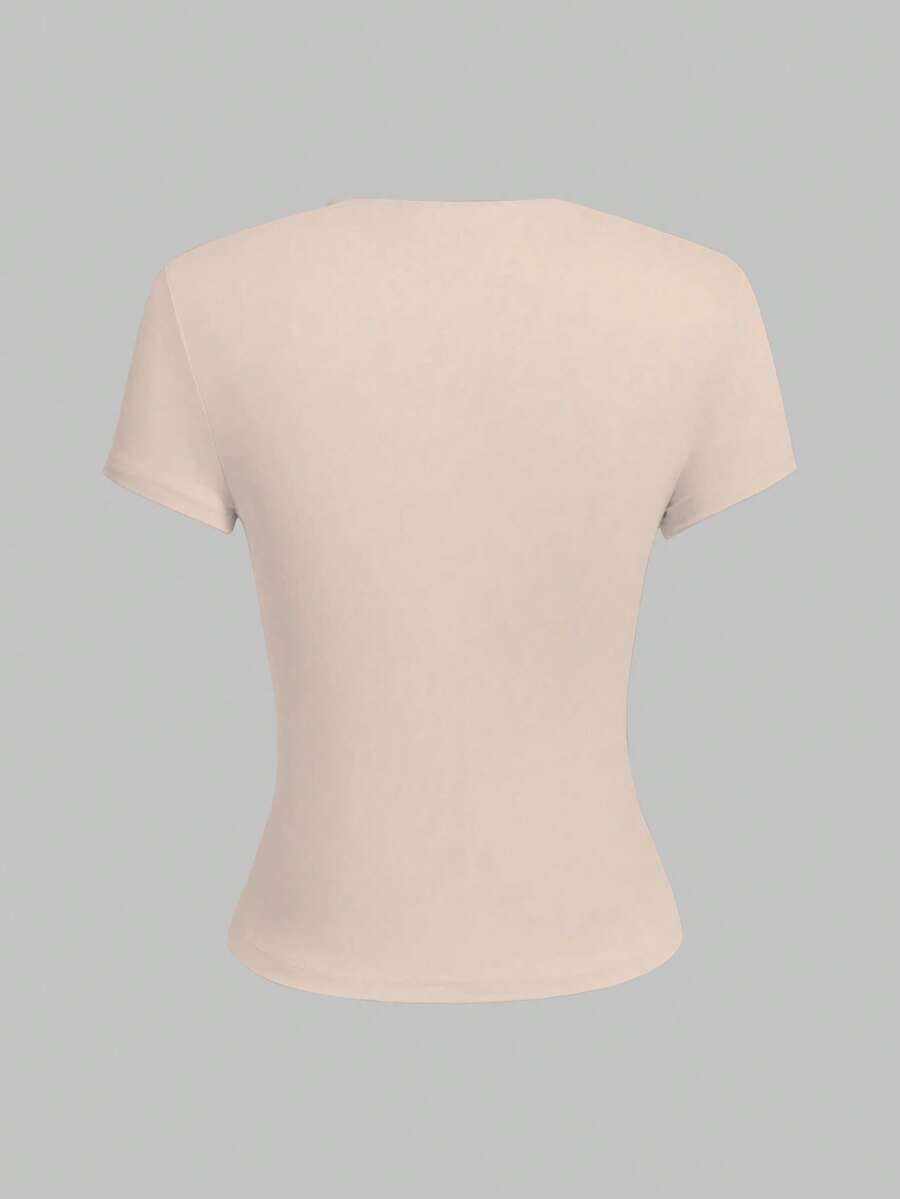XLLAIS 2025 Model Black Short Sleeve Crew Neck Solid Color Basic Fitted Casual T-Shirt For Women, Summer