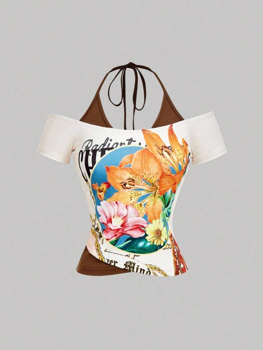 SHEIN MOD 90s Retro Color Block T-Shirt,Vacation Style 2 In 1 T-Shirt,Festival, Beach, Daily,Boho, Y2K, Graphic Tees Women,Going Out Tops Women,Western,Halter Tops,Cute Summer Tops,Hawaii Women,Brunch For Women, Streetwear Women,Country Women
