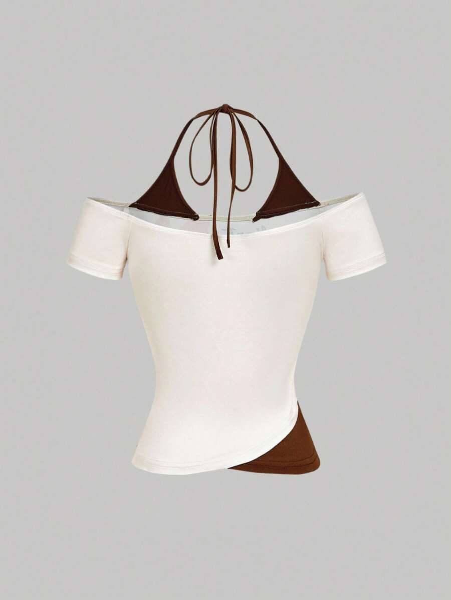 SHEIN MOD 90s Retro Color Block T-Shirt,Vacation Style 2 In 1 T-Shirt,Festival, Beach, Daily,Boho, Y2K, Graphic Tees Women,Going Out Tops Women,Western,Halter Tops,Cute Summer Tops,Hawaii Women,Brunch For Women, Streetwear Women,Country Women