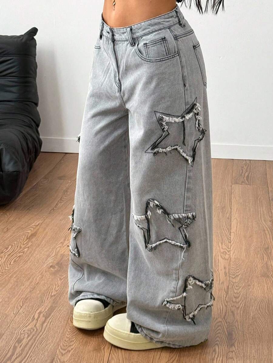 Coolane Women's Winter/All-Season Streetwear  Hippie   Music Festival Party Casual Preppy Vintage Basic Star Patched Washed Comfortable Black Baggy  Jeans