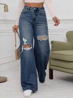 SHEIN ICON High Waist Ripped Wide Leg Jeans,Ladies Casual Button,Pocket,Ripped,Zipper High Waist Wide Leg Extra Long Medium Wash Cotton Loose Women Jeans,Spring/Fall,Casual Daily Wear