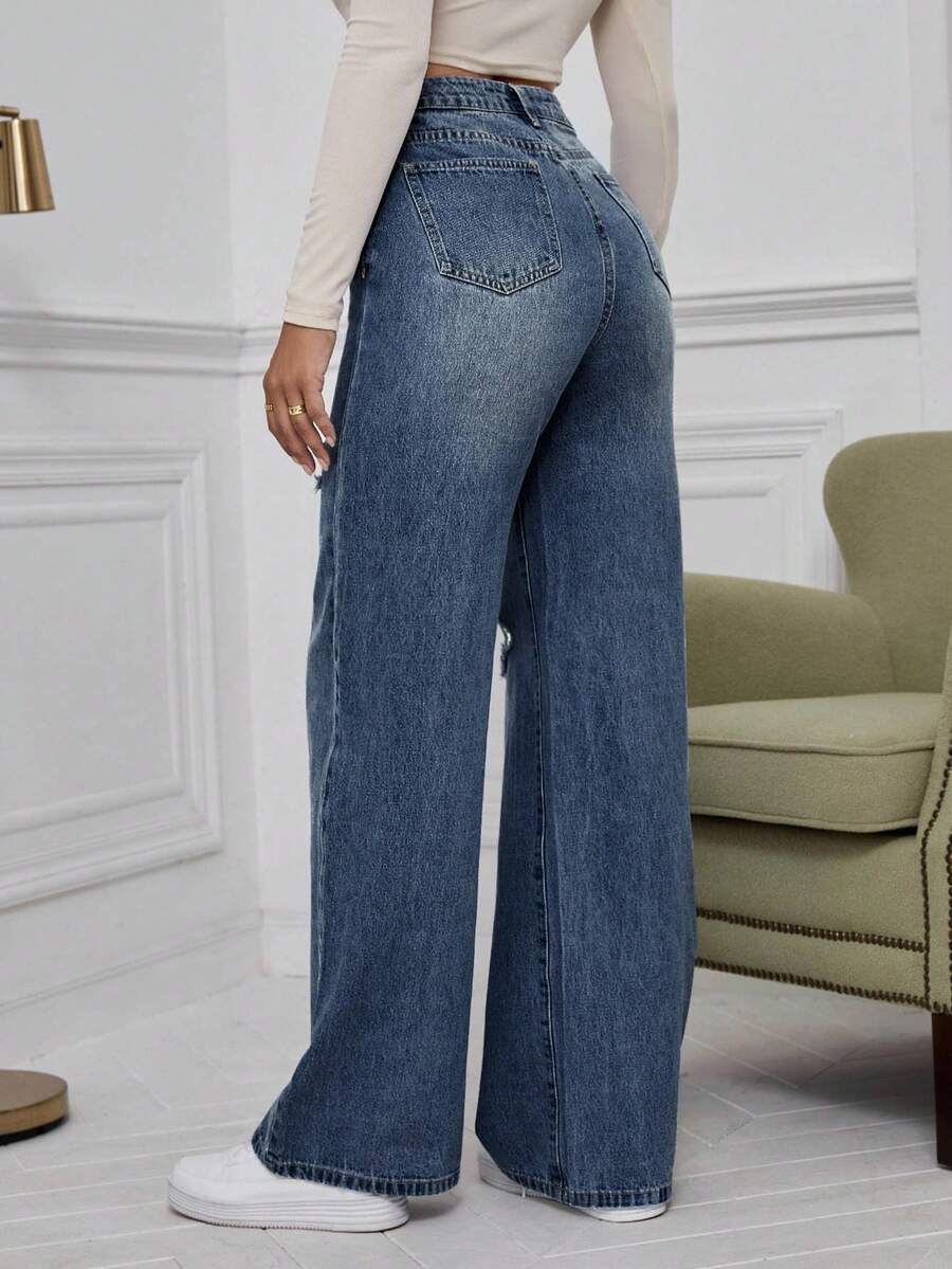 SHEIN ICON High Waist Ripped Wide Leg Jeans,Ladies Casual Button,Pocket,Ripped,Zipper High Waist Wide Leg Extra Long Medium Wash Cotton Loose Women Jeans,Spring/Fall,Casual Daily Wear