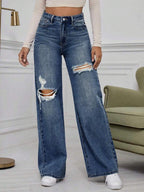 SHEIN ICON High Waist Ripped Wide Leg Jeans,Ladies Casual Button,Pocket,Ripped,Zipper High Waist Wide Leg Extra Long Medium Wash Cotton Loose Women Jeans,Spring/Fall,Casual Daily Wear