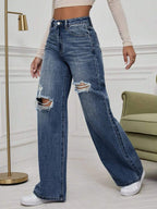 SHEIN ICON High Waist Ripped Wide Leg Jeans,Ladies Casual Button,Pocket,Ripped,Zipper High Waist Wide Leg Extra Long Medium Wash Cotton Loose Women Jeans,Spring/Fall,Casual Daily Wear