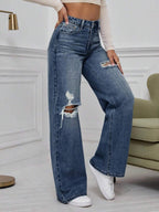 SHEIN ICON High Waist Ripped Wide Leg Jeans,Ladies Casual Button,Pocket,Ripped,Zipper High Waist Wide Leg Extra Long Medium Wash Cotton Loose Women Jeans,Spring/Fall,Casual Daily Wear