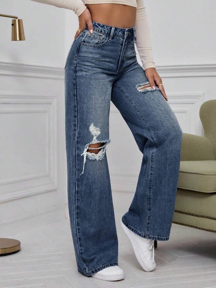 SHEIN ICON High Waist Ripped Wide Leg Jeans,Ladies Casual Button,Pocket,Ripped,Zipper High Waist Wide Leg Extra Long Medium Wash Cotton Loose Women Jeans,Spring/Fall,Casual Daily Wear