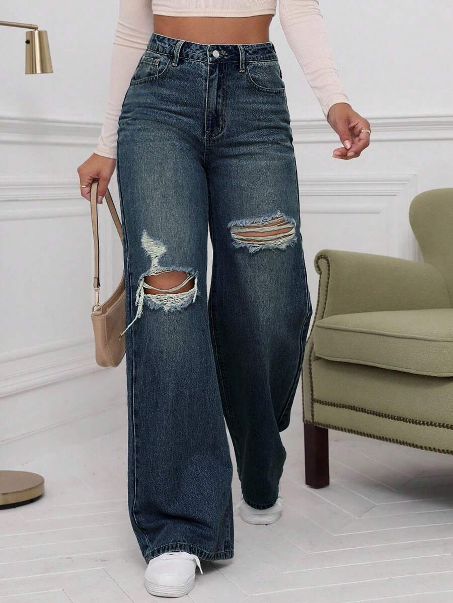 SHEIN ICON High Waist Ripped Wide Leg Jeans,Ladies Casual Button,Pocket,Ripped,Zipper High Waist Wide Leg Extra Long Medium Wash Cotton Loose Women Jeans,Spring/Fall,Casual Daily Wear