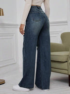SHEIN ICON High Waist Ripped Wide Leg Jeans,Ladies Casual Button,Pocket,Ripped,Zipper High Waist Wide Leg Extra Long Medium Wash Cotton Loose Women Jeans,Spring/Fall,Casual Daily Wear