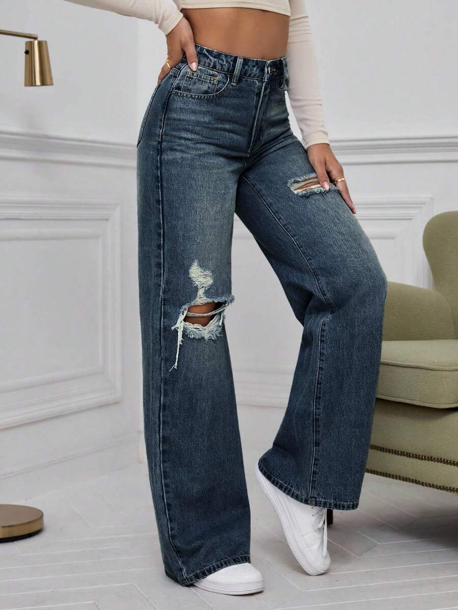 SHEIN ICON High Waist Ripped Wide Leg Jeans,Ladies Casual Button,Pocket,Ripped,Zipper High Waist Wide Leg Extra Long Medium Wash Cotton Loose Women Jeans,Spring/Fall,Casual Daily Wear