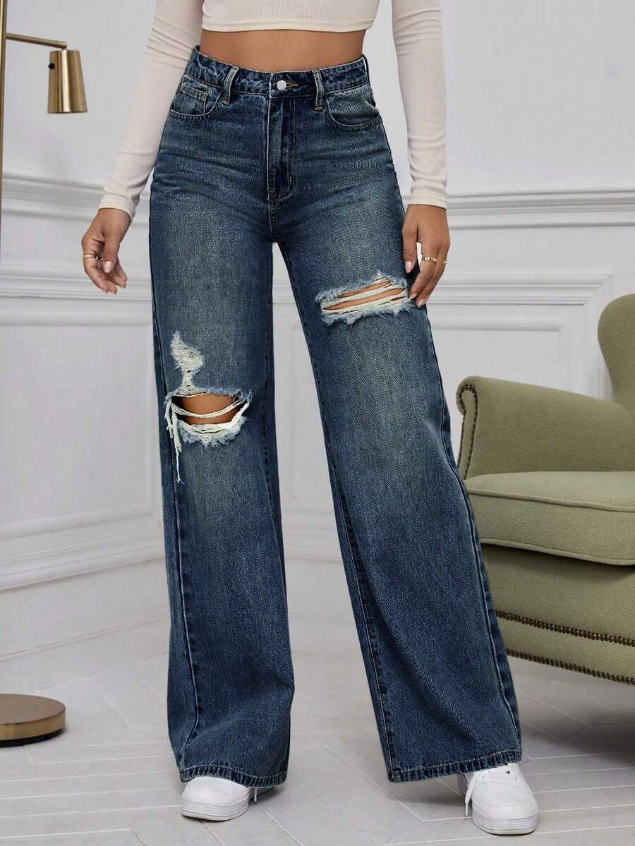 SHEIN ICON High Waist Ripped Wide Leg Jeans,Ladies Casual Button,Pocket,Ripped,Zipper High Waist Wide Leg Extra Long Medium Wash Cotton Loose Women Jeans,Spring/Fall,Casual Daily Wear