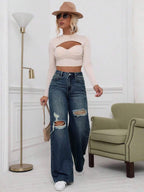 SHEIN ICON High Waist Ripped Wide Leg Jeans,Ladies Casual Button,Pocket,Ripped,Zipper High Waist Wide Leg Extra Long Medium Wash Cotton Loose Women Jeans,Spring/Fall,Casual Daily Wear